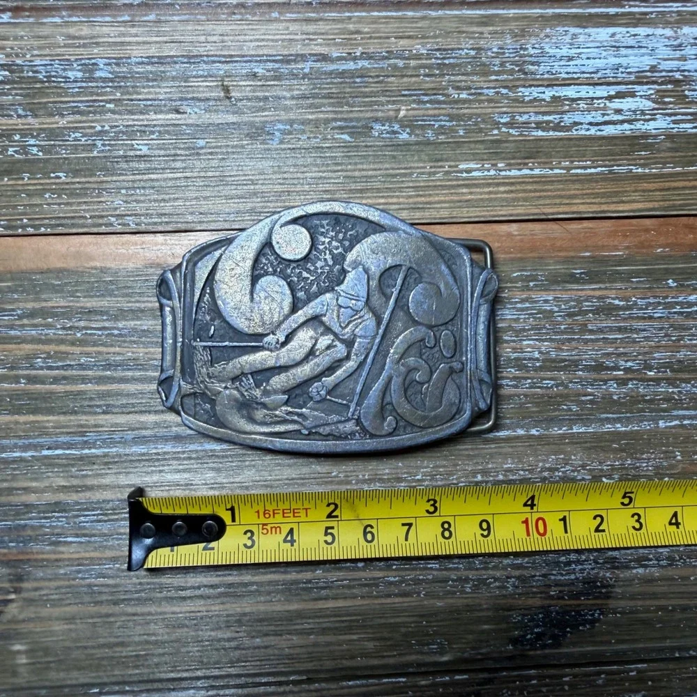 Vintage CDC Metalworks Skier Belt Buckle Colorado Brass Downhill Skiing Retro